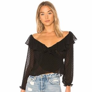 Majorelle x Revolve Black Swiss Dot Wrap Blouse Top.